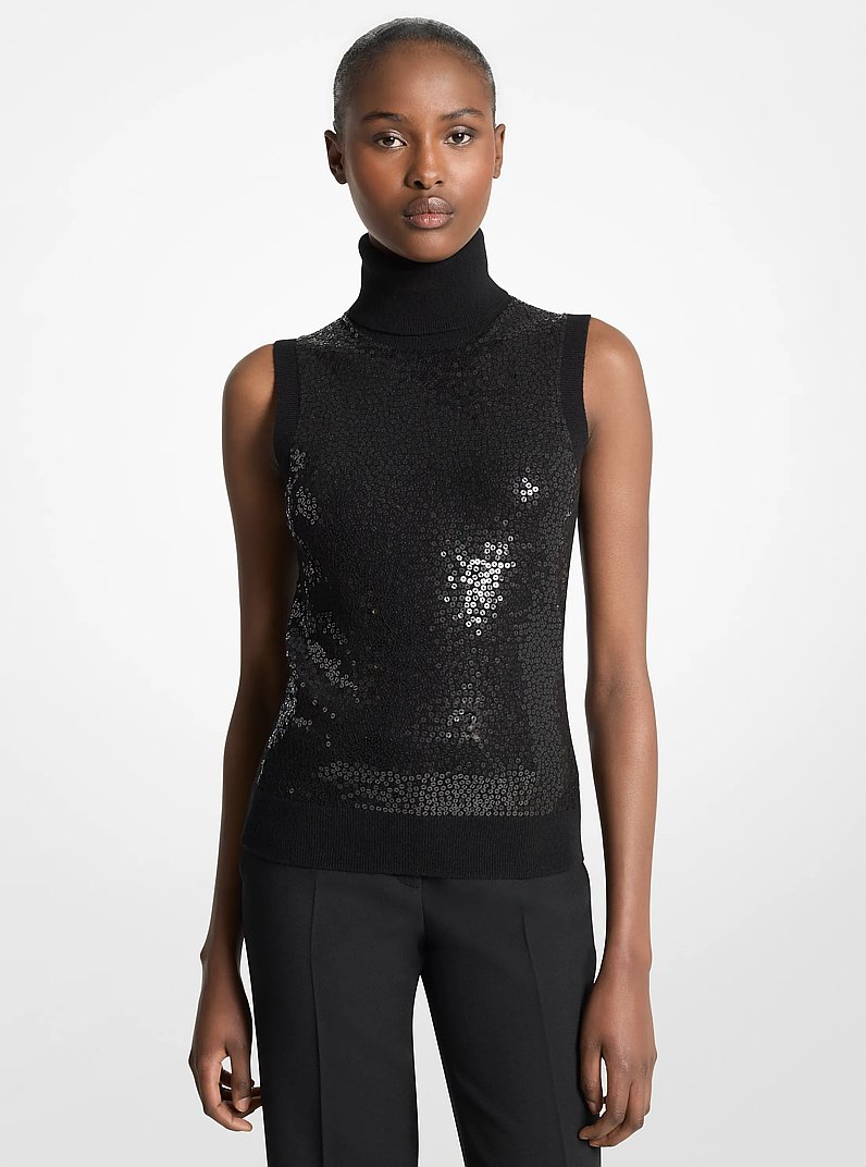 Embroidered Sequin Cashmere Sleeveless Turtleneck Sweater in BLACK | Michael Kors