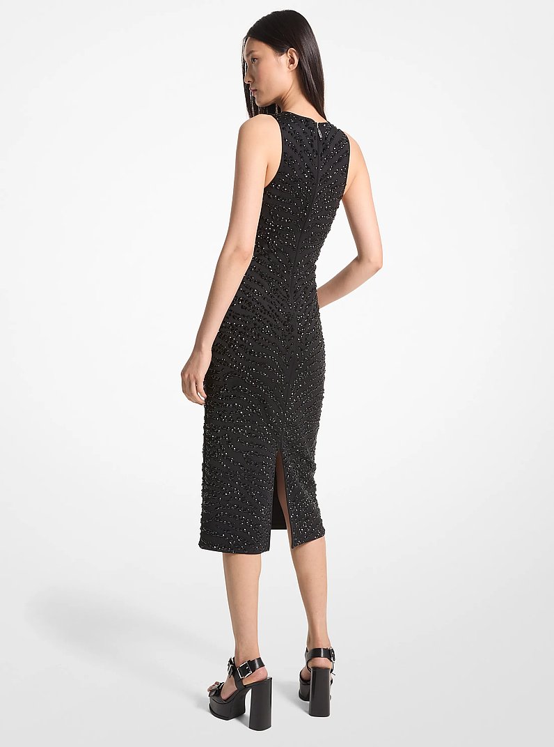 Embellished Zebra Scuba Midi Dress in BLACK | Michael Kors