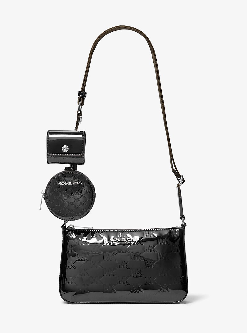 Jet Set Small Patent Logo Debossed Crossbody Bag with Case for Apple Airpods Pro&reg; in BLACK | Michael Kors