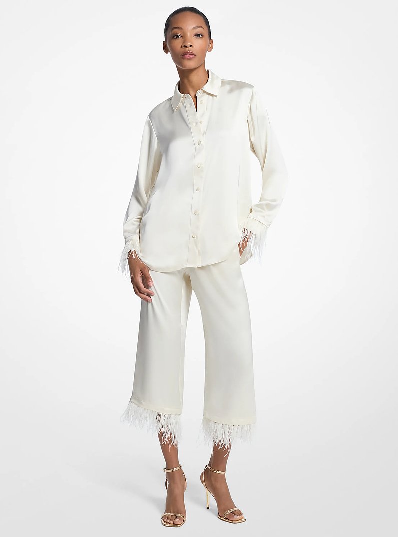 Feather Trim Satin Pajama Pants in BONE | Michael Kors