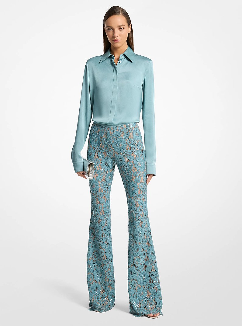 Hand-Embroidered Sequin Floral Lace Flared Pants