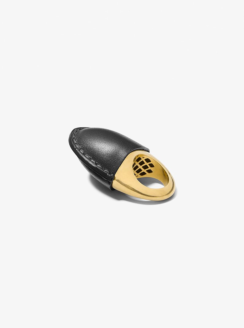 Leather-Wrapped 24k-Gold-Plated Brass Dome Ring in BLACK | Michael Kors