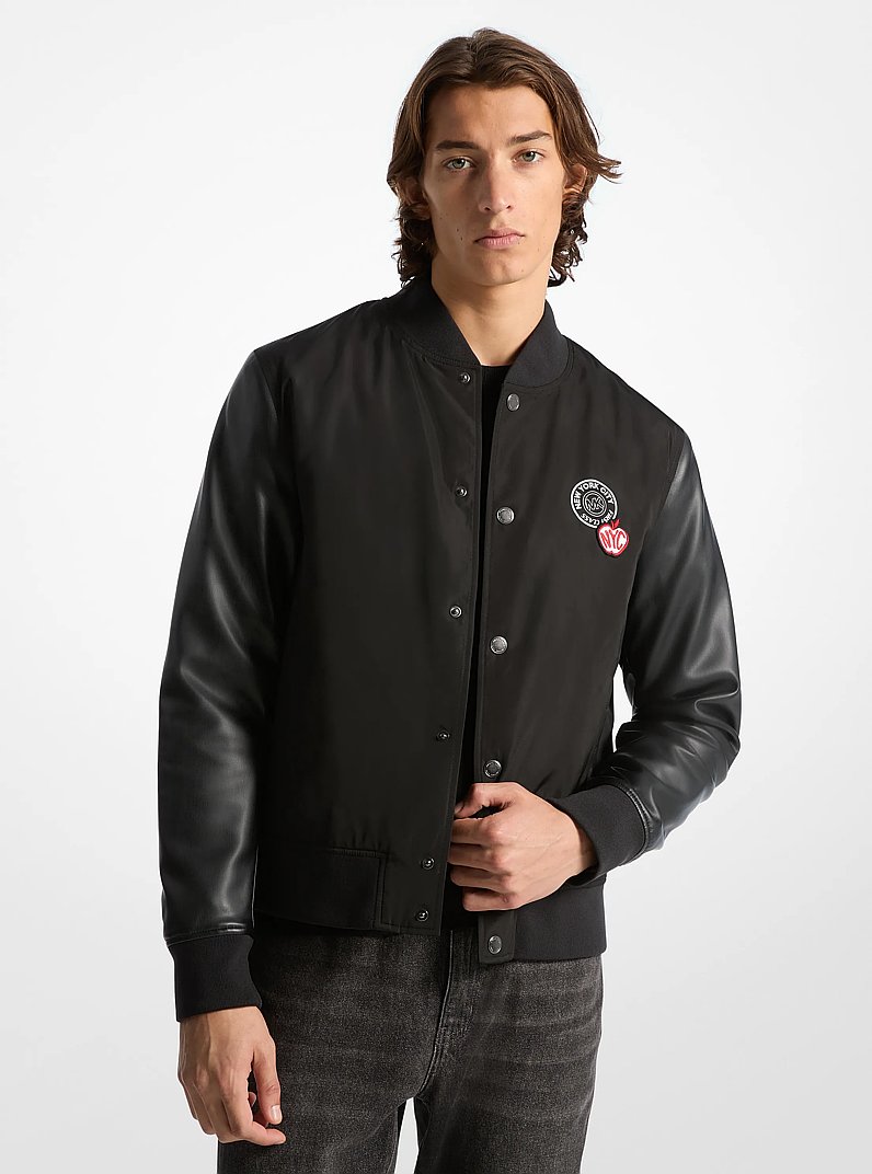 Embellished Mixed-Media Varsity Jacket in BLACK | Michael Kors