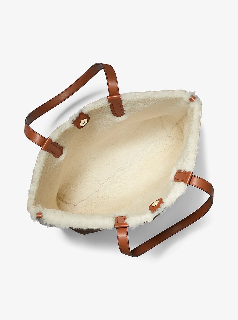 Eliza Extra-Large Leather and Shearling Reversible Tote Bag in NATURAL/LUGGAGE | Michael Kors