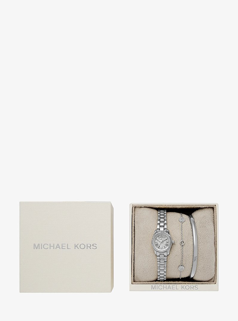 Petite Lexington Pav&eacute; Silver-Tone Watch and Jewelry Gift Set in SILVER | Michael Kors