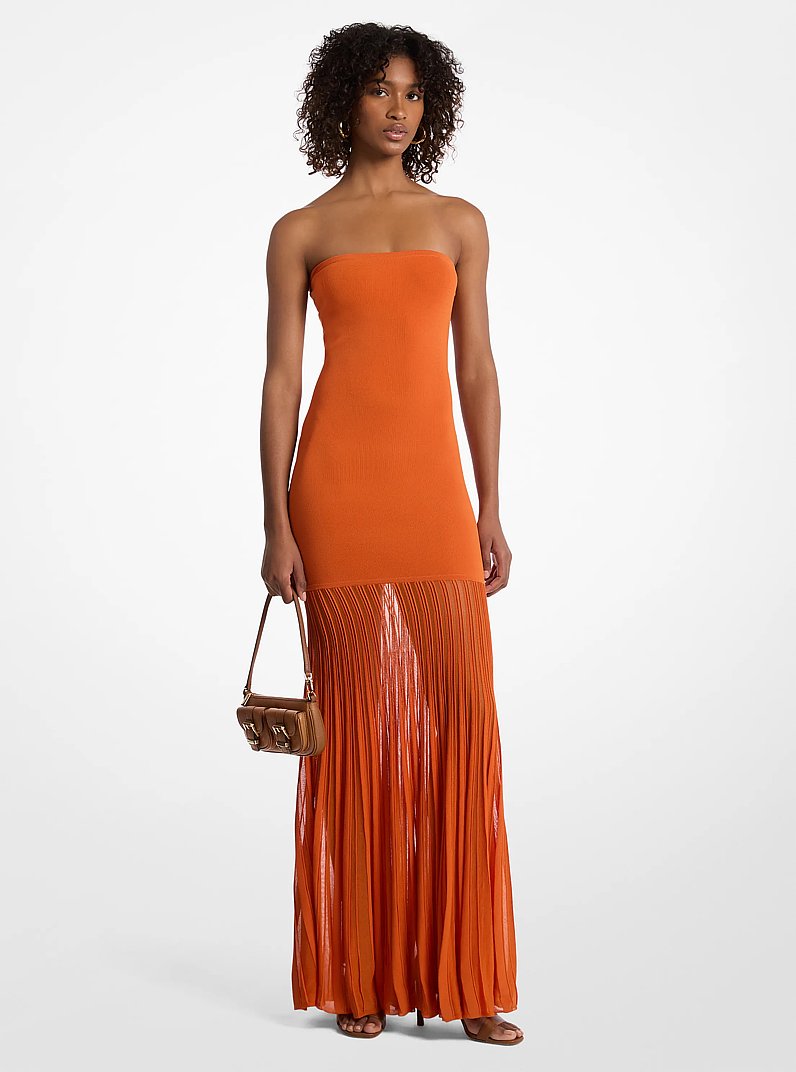 Stretch Knit Sheer Strapless Dress in LORANGE | Michael Kors