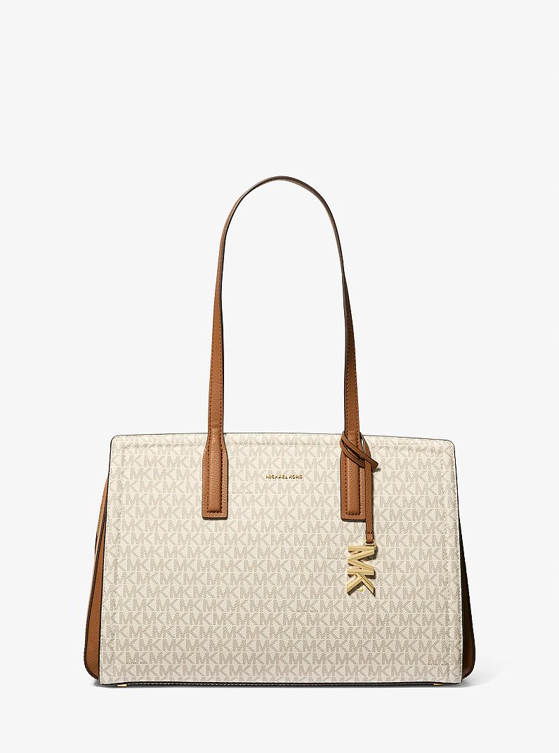 Laila Medium Signature Logo Tote Bag in VANILLA/ACORN | Michael Kors