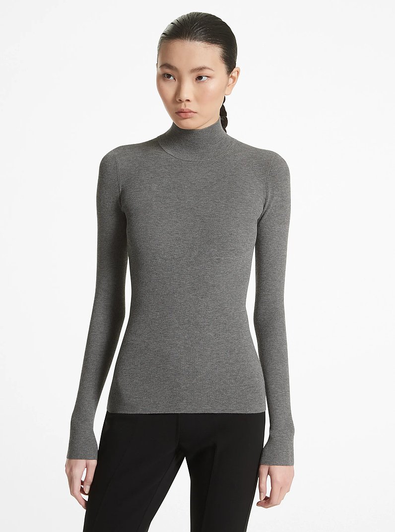 Ribbed Stretch Viscose Turtleneck Sweater
