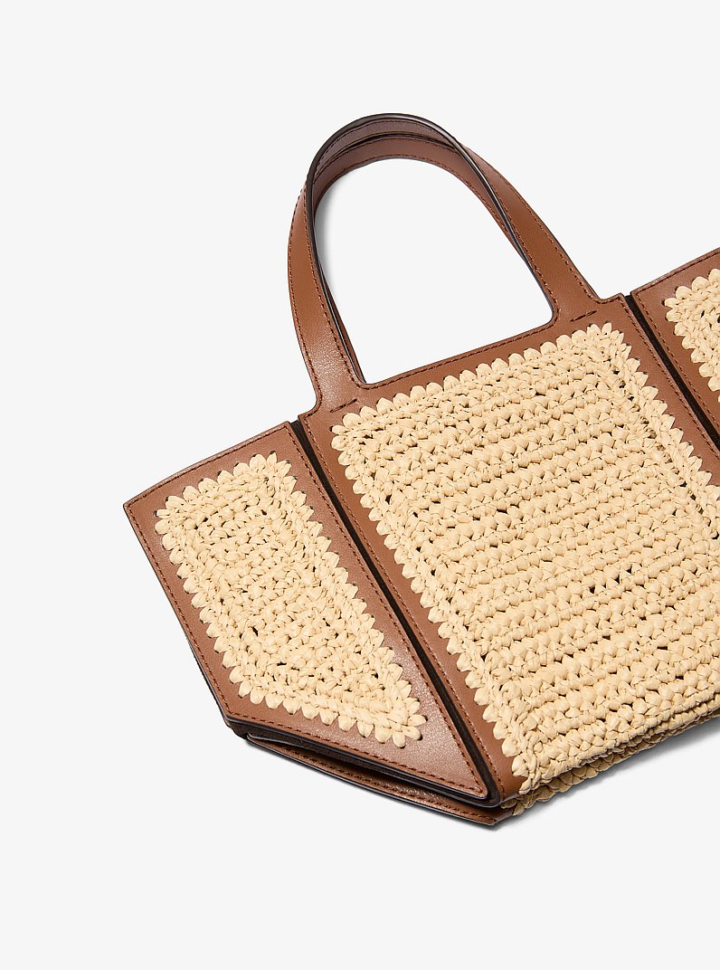 Jordi Small Hand-Crocheted Straw and Leather Tote Bag in NATURAL/LUGGAGE | Michael Kors