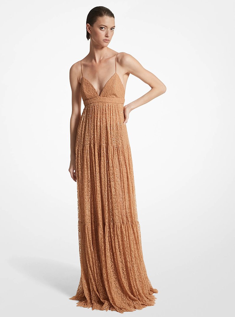 Hand-Embroidered Sequin Chantilly Lace Slip Gown in SUNTAN | Michael Kors