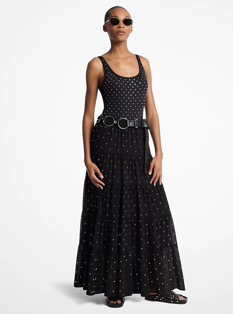 Studded Georgette Tiered Maxi Skirt in BLACK | Michael Kors