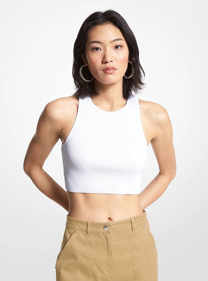 Ribbed Recycled Viscose Blend Cropped Tank Top in WHITE | Michael Kors