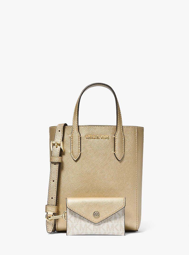Vincent Extra-Small Metallic Crossbody Bag With Logo Card Case in PALE GOLD | Michael Kors