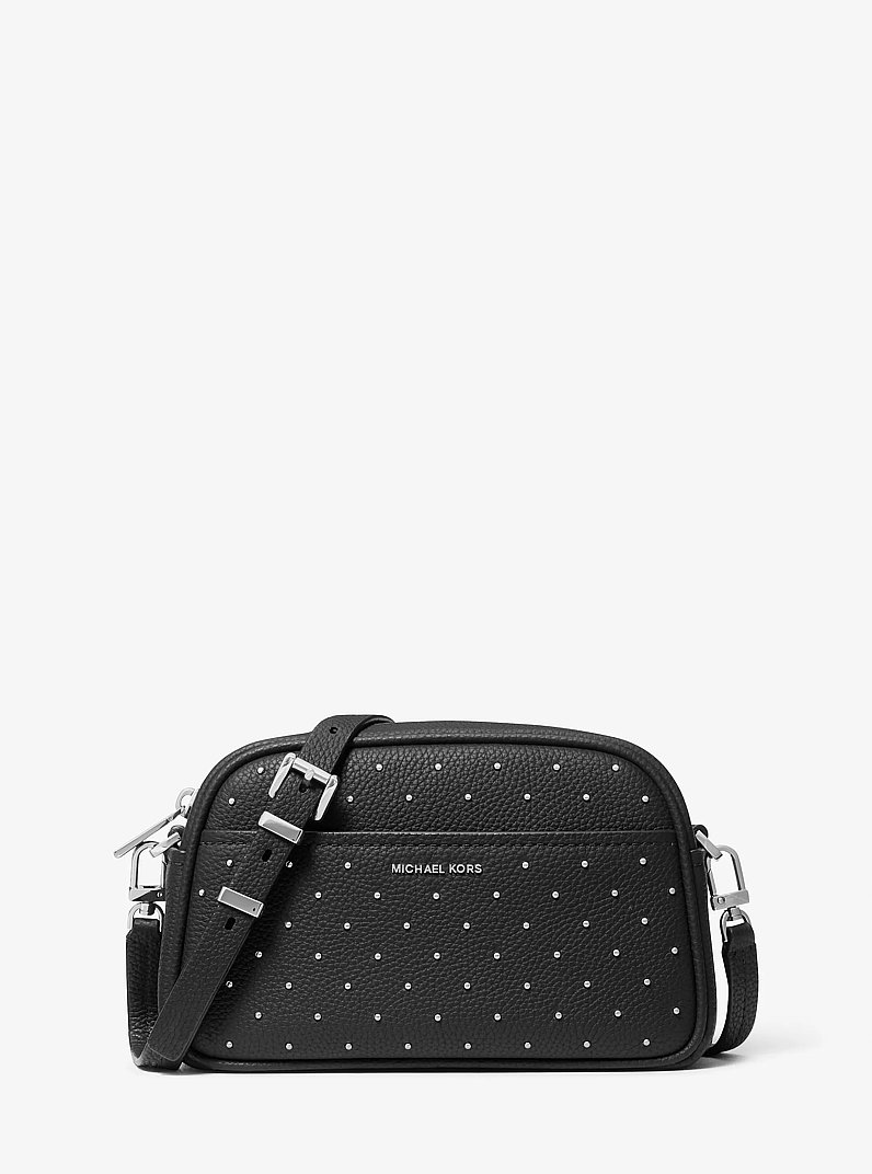 Jet Set Small Studded Pebbled Leather Camera Crossbody Bag in BLACK | Michael Kors