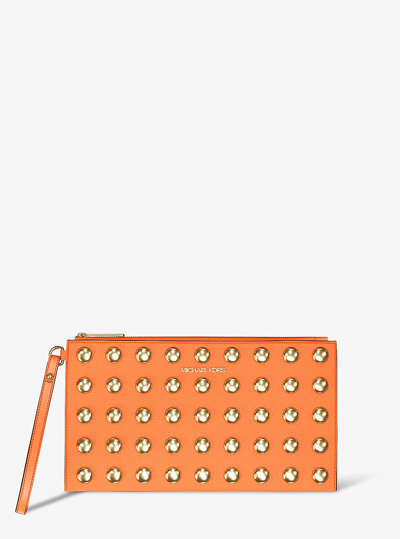 Jet Set Large Studded Pebbled Leather Wristlet in RED CLAY | Michael Kors