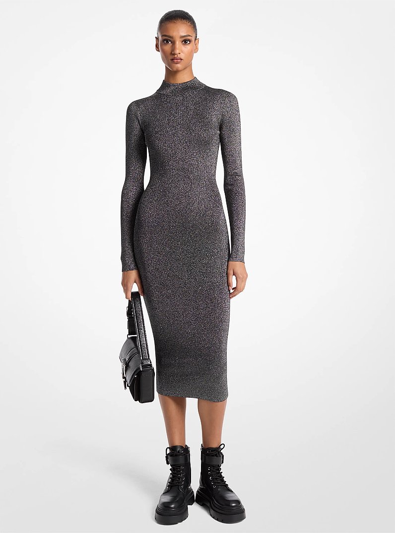 Metallic Knit Mock Neck Dress in BLACK/SILVER | Michael Kors