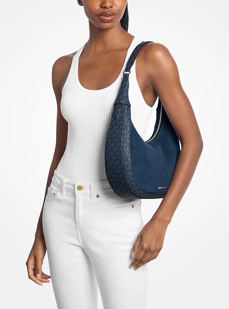 Preston Large Suede and Signature Logo Crescent Shoulder Bag in NAVY | Michael Kors