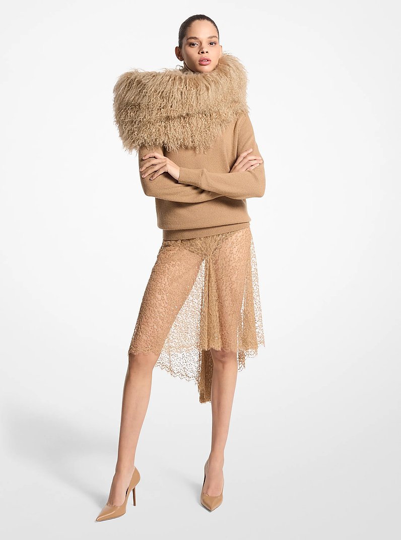 Hand-Embroidered Sequin Chantilly Lace Skirt