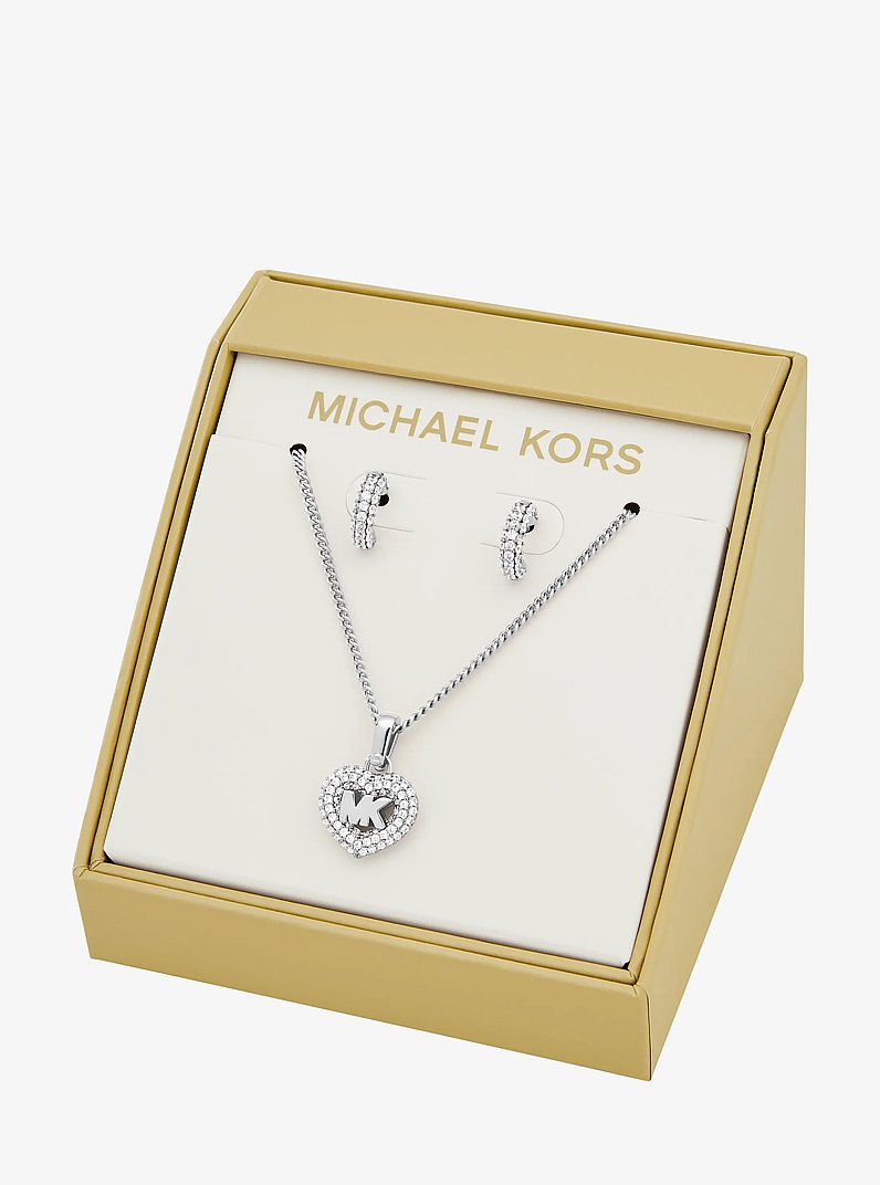 Pav&eacute; Heart and Logo Necklace and Hoop Earrings Jewelry Gift Set in PLATEADO | Michael Kors
