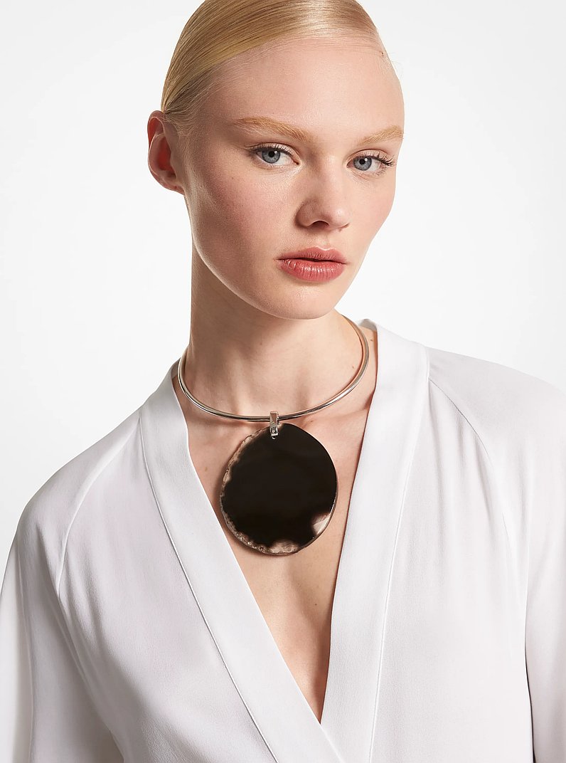 Precious Metal-Plated Brass and Agate Collar Necklace in BLACK/SILVER | Michael Kors