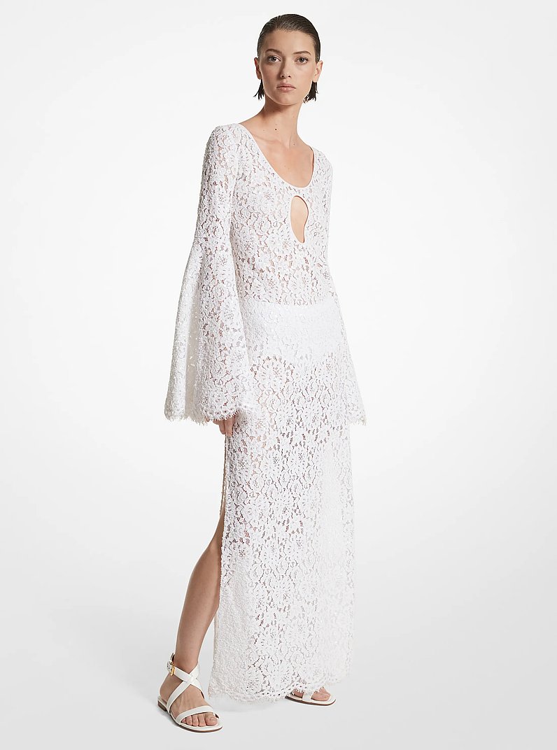 Hand-Embroidered Sequin Floral Lace Keyhole Djellaba in BLANCO INTENSO | Michael Kors