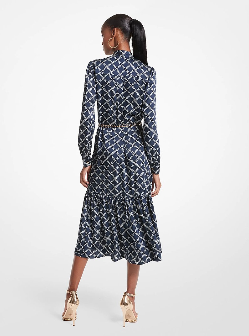 Empire Logo Print Satin Belted Dress in MIDNIGHTBLUE | Michael Kors