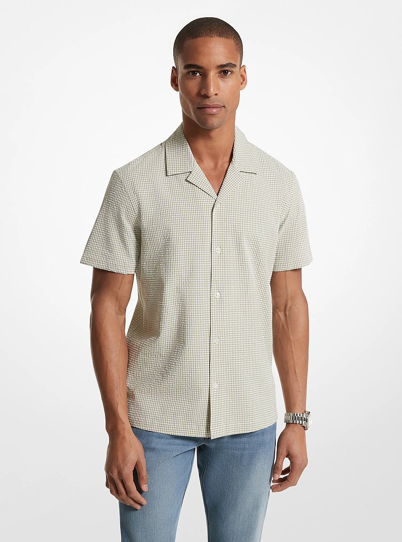 Camicia in cotone seersucker stretch con stampa vichy