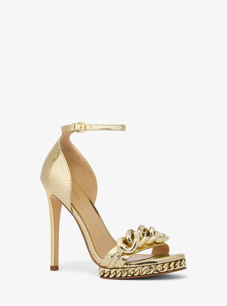 Jordyn Embellished Metallic Snake Embossed Leather Platform Sandal in PALE GOLD | Michael Kors
