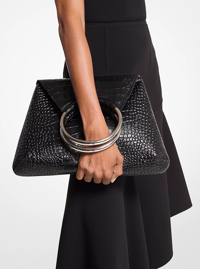 Ursula Large Crocodile Embossed Leather Ring Tote Bag in BLACK | Michael Kors