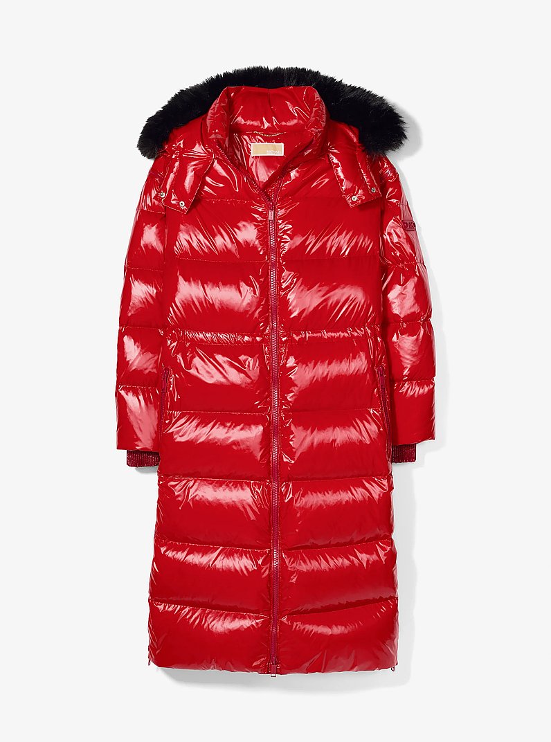 Faux Fur Trim Nylon Cir&eacute; Puffer Coat in CRIMSON | Michael Kors
