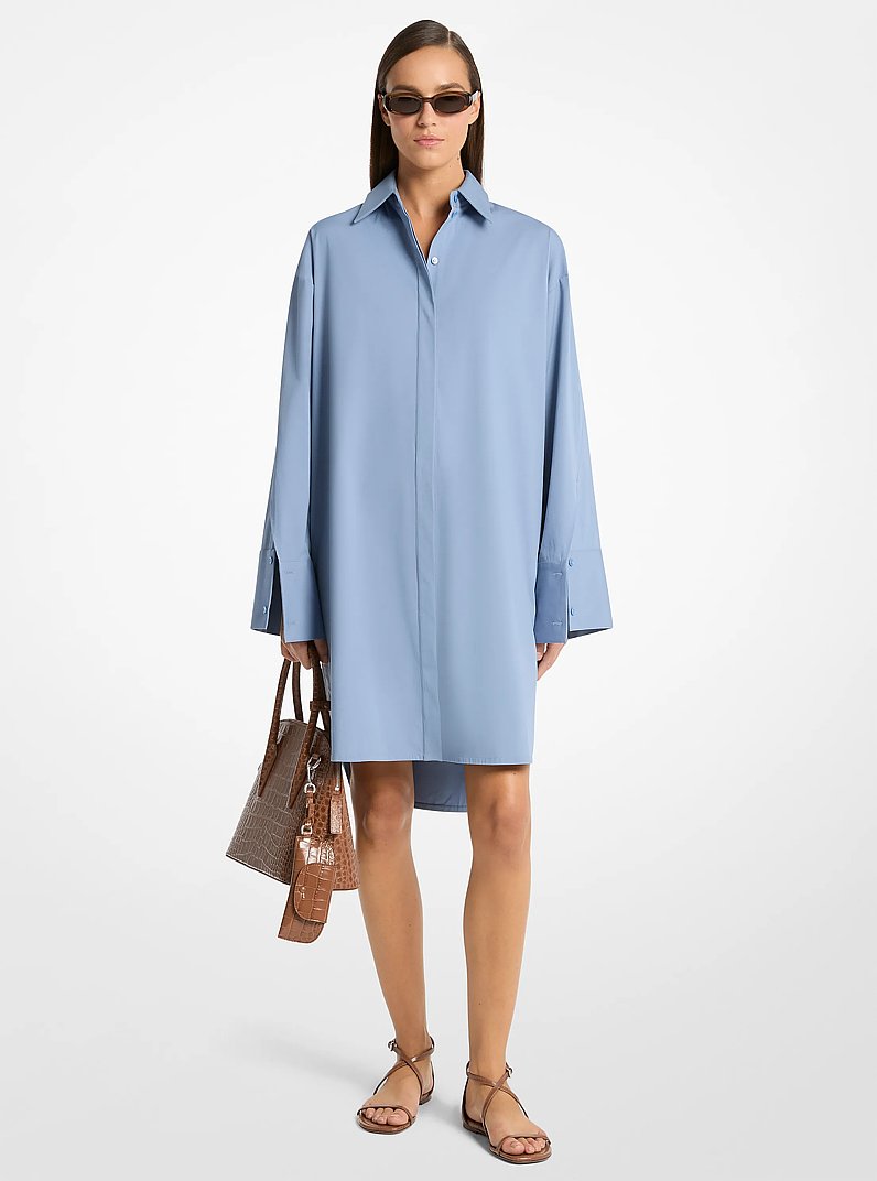 Vestido camisero de popelina de algod&oacute;n el&aacute;stico con mangas con aberturas in LAGO | Michael Kors
