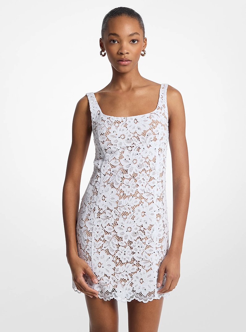 Studded Corded Floral Lace Mini Dress in WHITE | Michael Kors