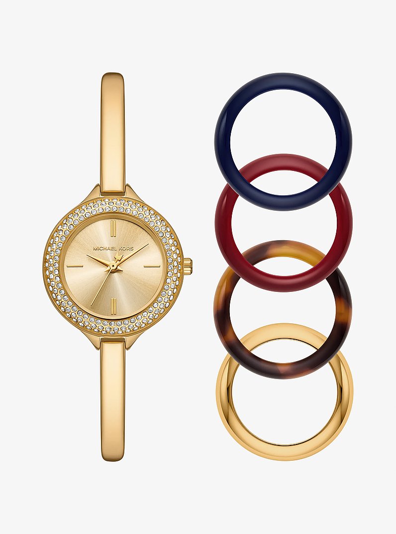 Mini Izzy Pav&eacute; Gold-Tone Watch and Interchangeable Bezel Set in GOLD | Michael Kors