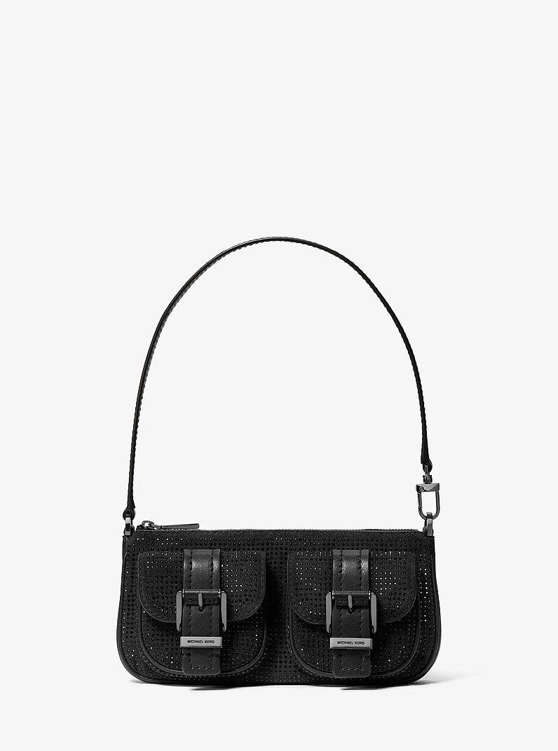Zoe Small Embellished Suede Pochette in BLACK | Michael Kors