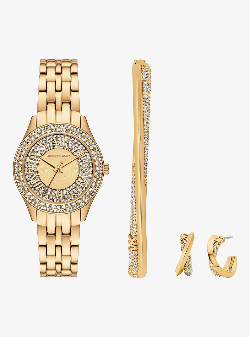 Mini-Armbanduhr Harlowe im Goldton mit Pav&eacute; und Schmuck im Set in GOLDTON | Michael Kors