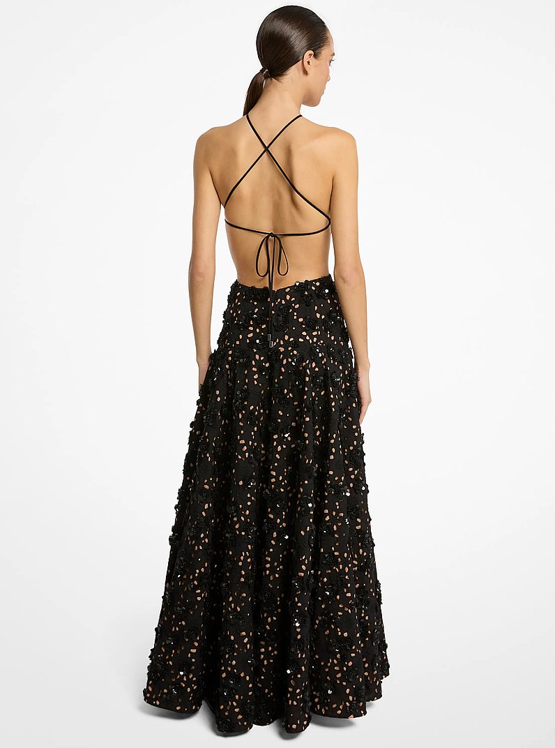 Hand-Beaded Floral Cotton Eyelet Cutout Halter Gown in BLACK | Michael Kors