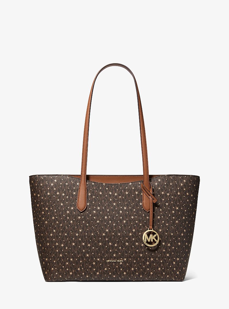 Arden Large Printed Signature Logo Top-Zip Tote Bag in BROWN | Michael Kors