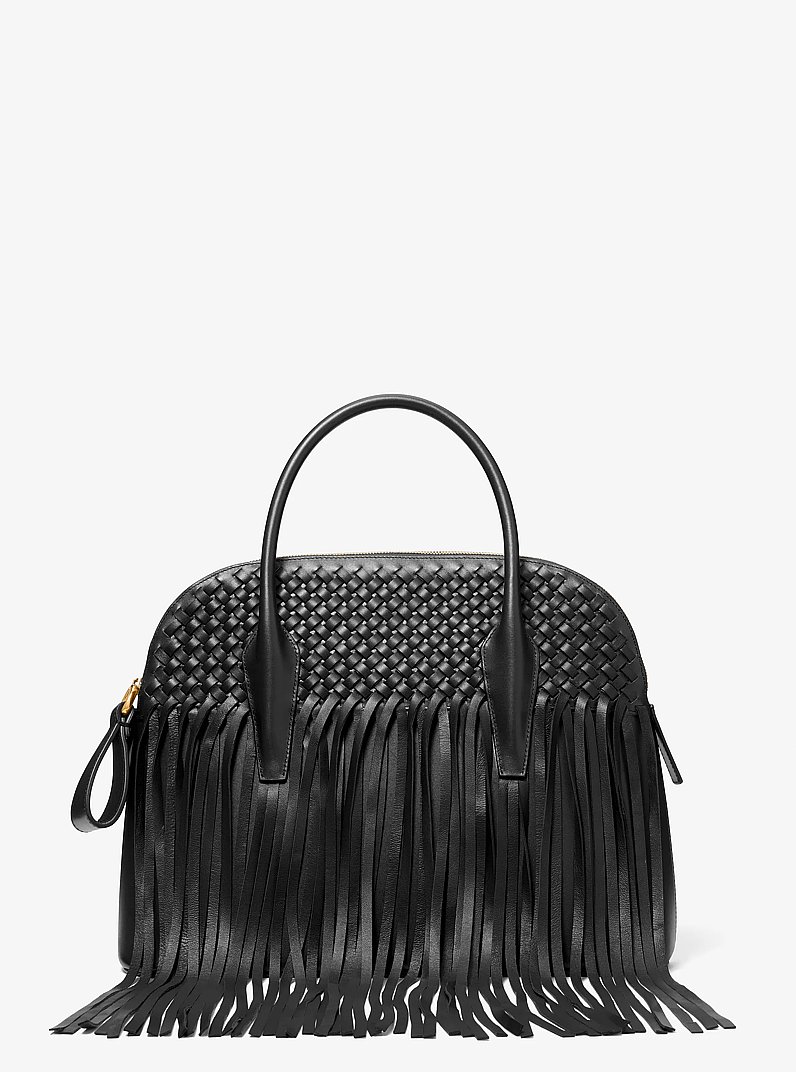Kaitlin Large Fringed Woven Leather Dome Satchel in NEGRO | Michael Kors