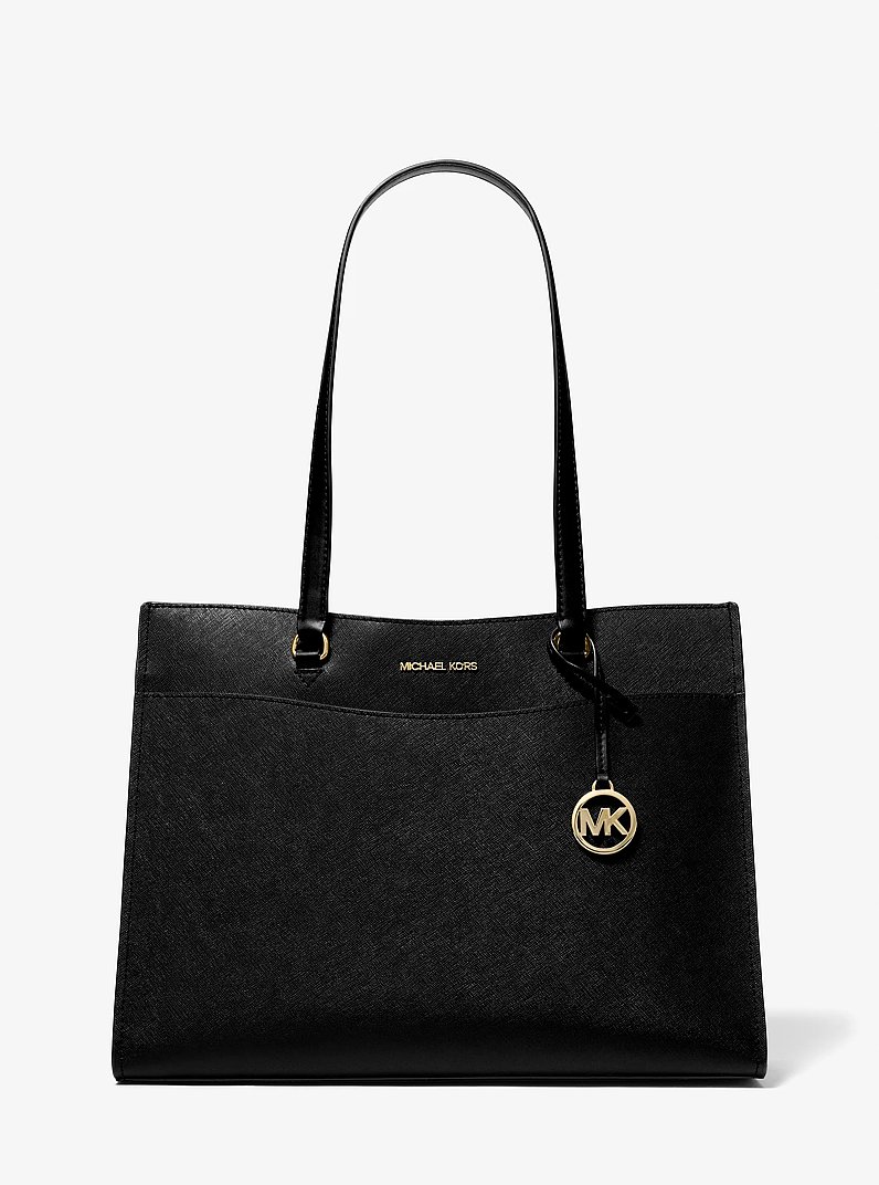 Jet Set Travel Large Saffiano Leather Pocket Tote Bag in BLACK | Michael Kors