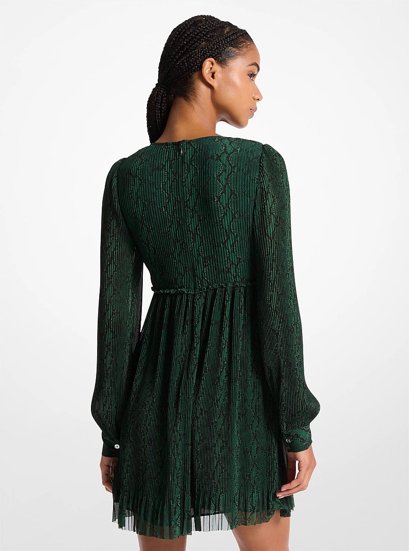 Pliss&eacute; Snake Print Georgette Dress in MOSS | Michael Kors