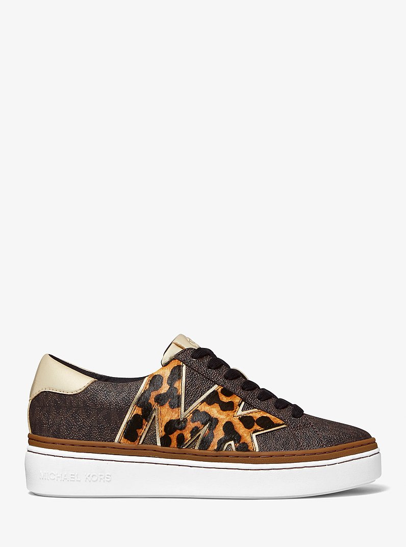 Chapman Logo and Leopard Print Calf Hair Sneaker in BROWN | Michael Kors