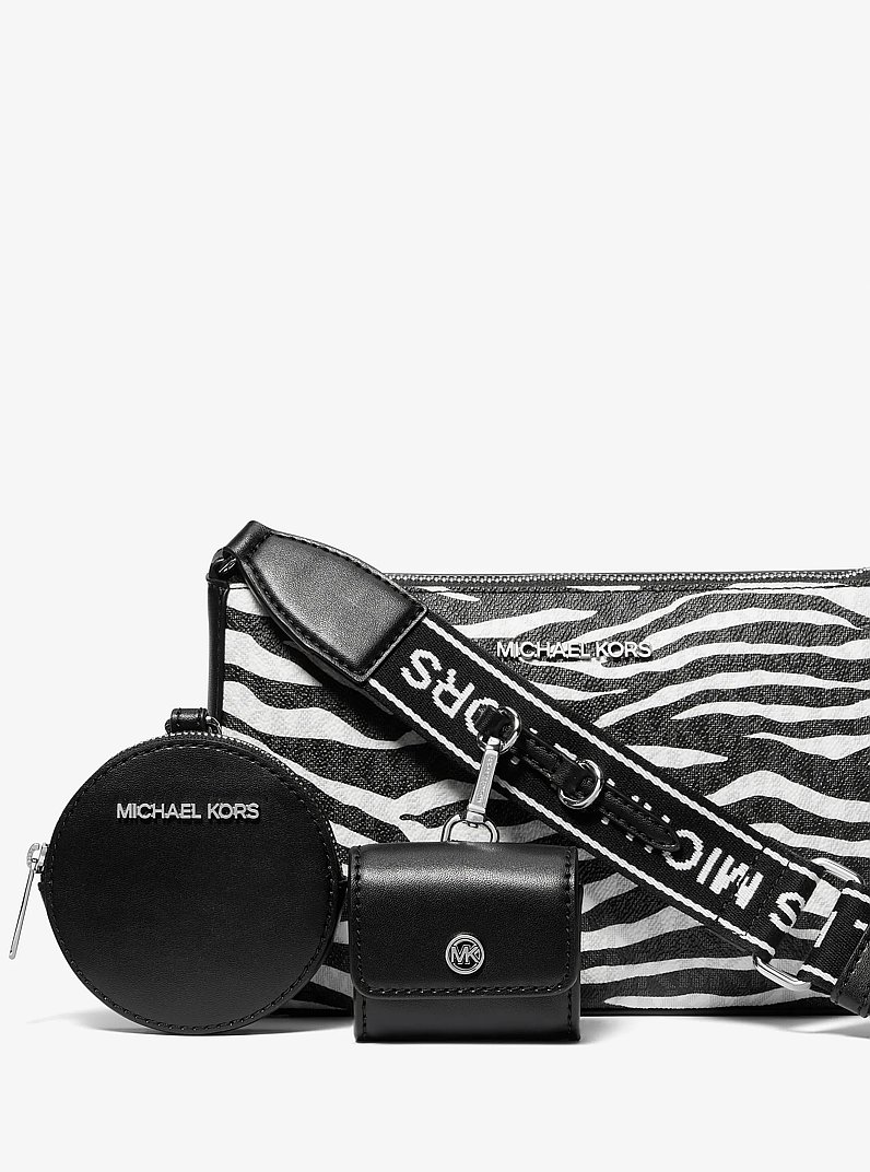 Bolso cruzado Jet Set mediano de cuero en animal print con logotipo con funda para Apple AirPods Pro&reg; in NEGRO | Michael Kors