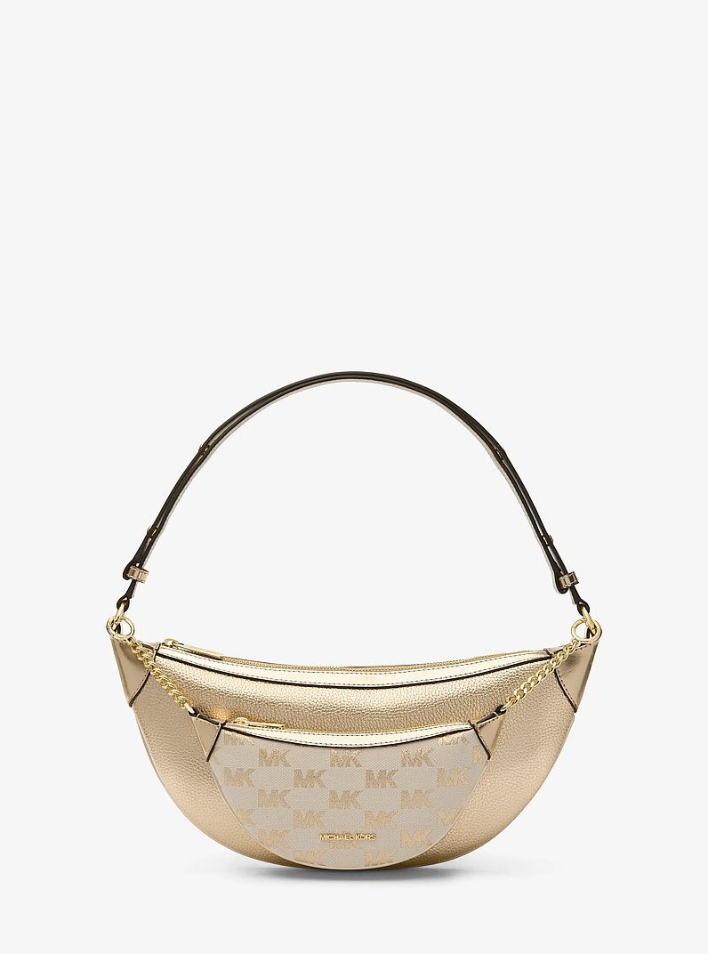 Sac &agrave; &eacute;paule Hollis 2-en-1 de taille moyenne en cuir m&eacute;tallis&eacute; et en jacquard &agrave; logo in OR P&Acirc;LE | Michael Kors