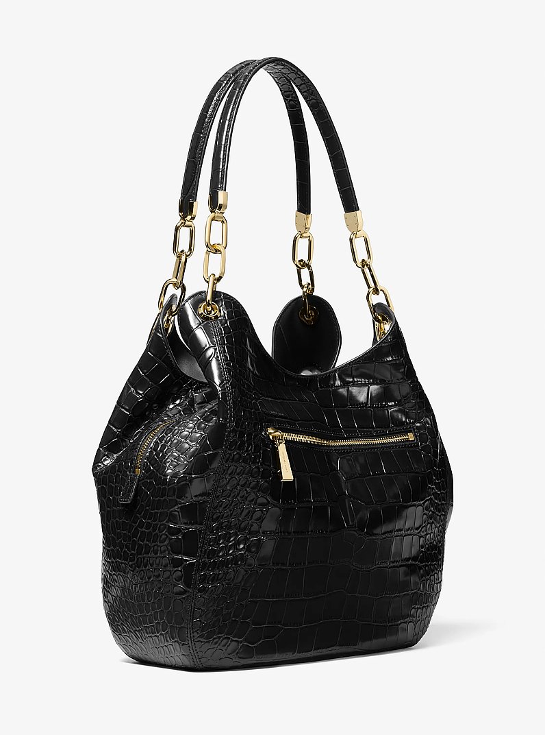 バッグ Roen leather west shoulderbag crocodile Lillie Large Crocodile Embossed Leather Shoulder Bag in BLACK