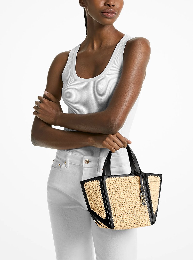 Jordi Small Hand-Crocheted Straw and Leather Tote Bag in NATURAL/BLACK | Michael Kors