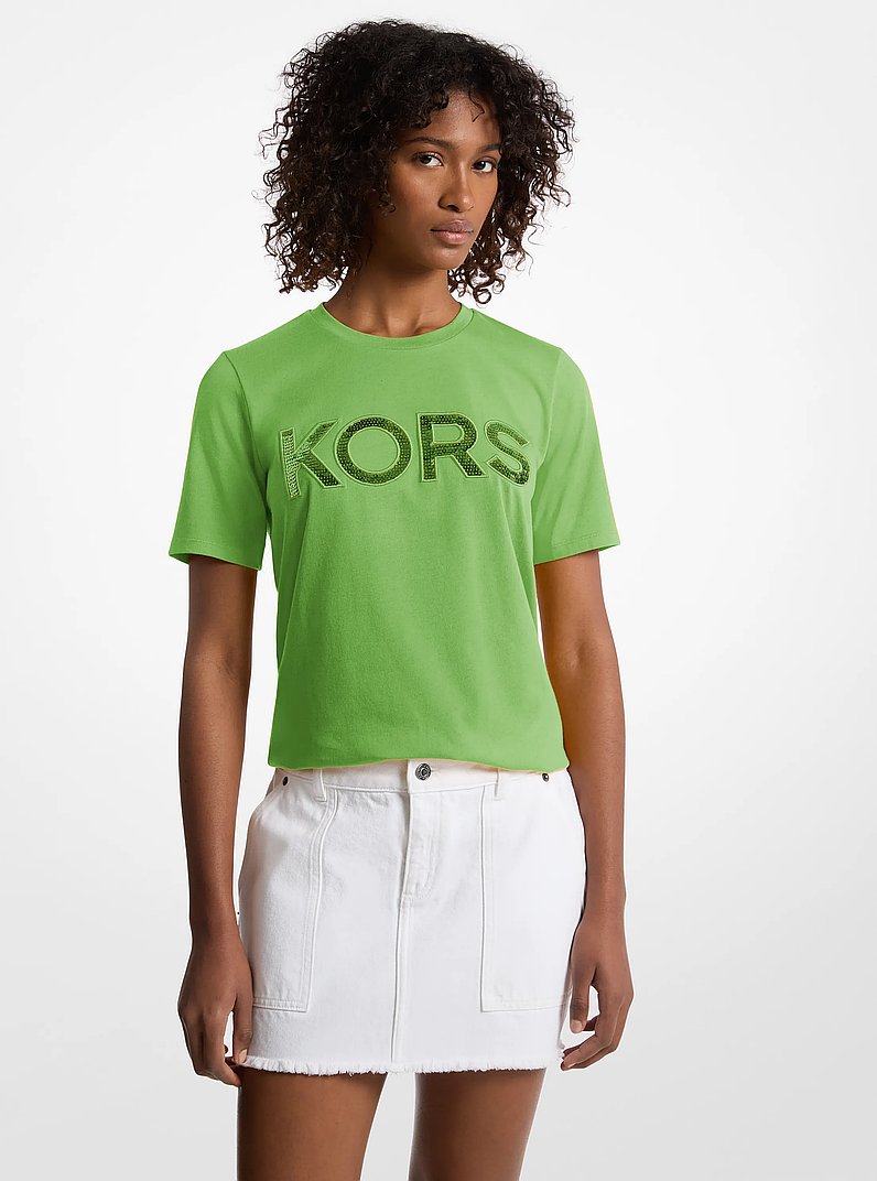Sequined Logo Cotton T-Shirt in JUNGLEGREEN | Michael Kors