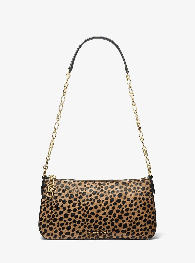 Empire Medium Cheetah Print Calf Hair Chain-Link Pochette in HUSK MULTI | Michael Kors