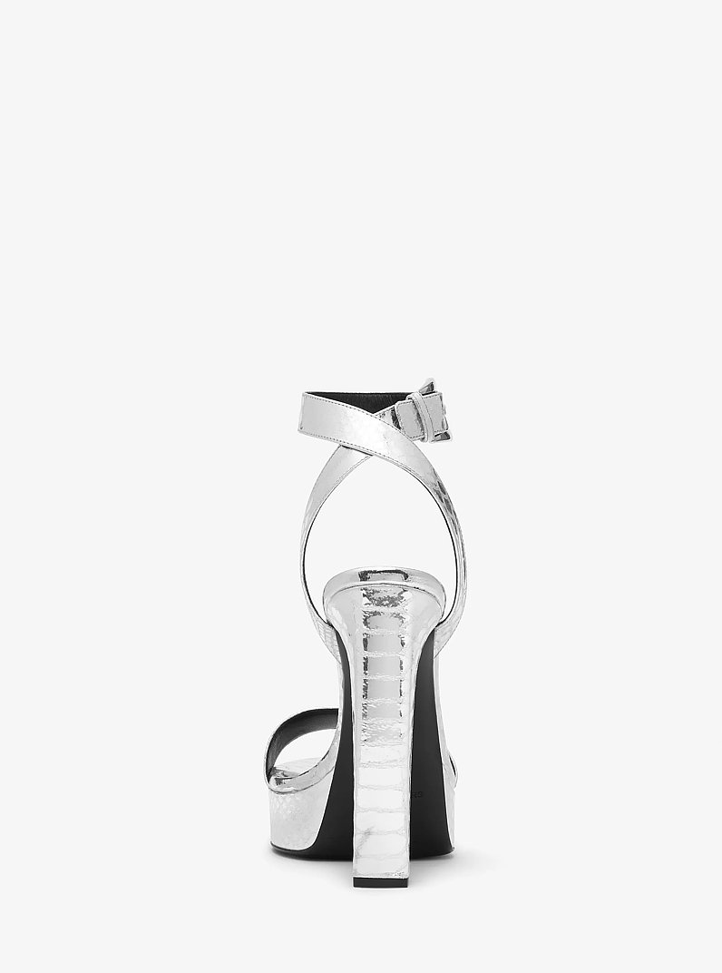 Anabelle Metallic Python Embossed Leather Platform Sandal in SILVER | Michael Kors