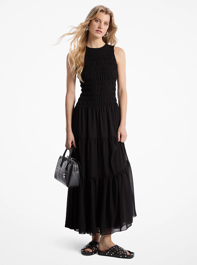 Smocked Georgette Tank Dress in BLACK | Michael Kors