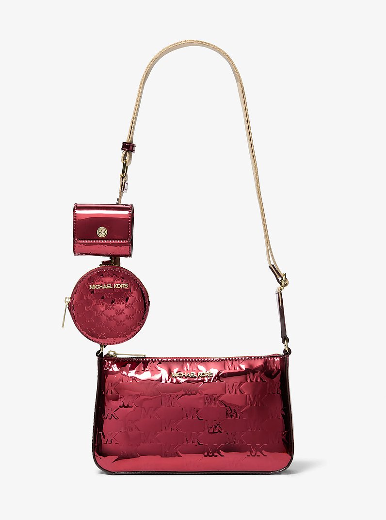 Jet Set Small Metallic Logo Debossed Crossbody Bag with Case for Apple Airpods Pro&reg; in CHERRY | Michael Kors